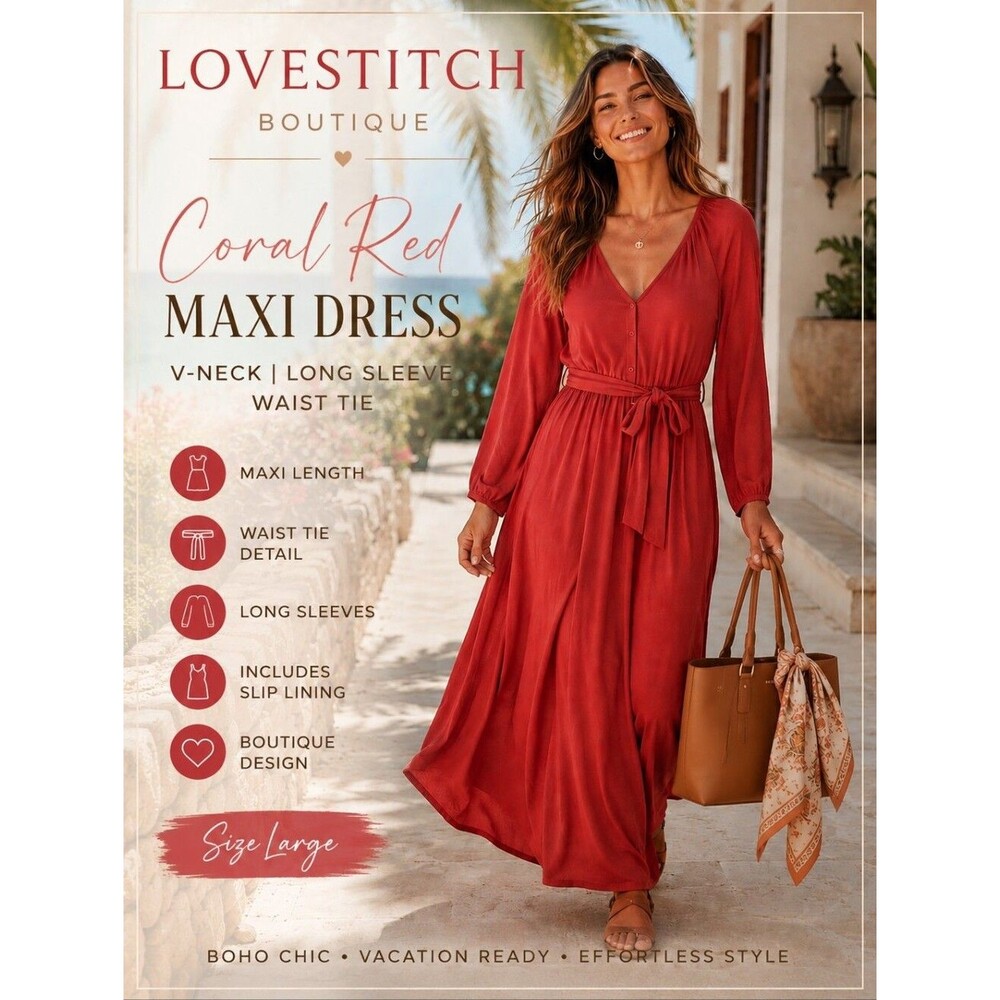 Lovestitch Coral Red Maxi Dress | V-Neck Long Sleeve Waist Tie | Large